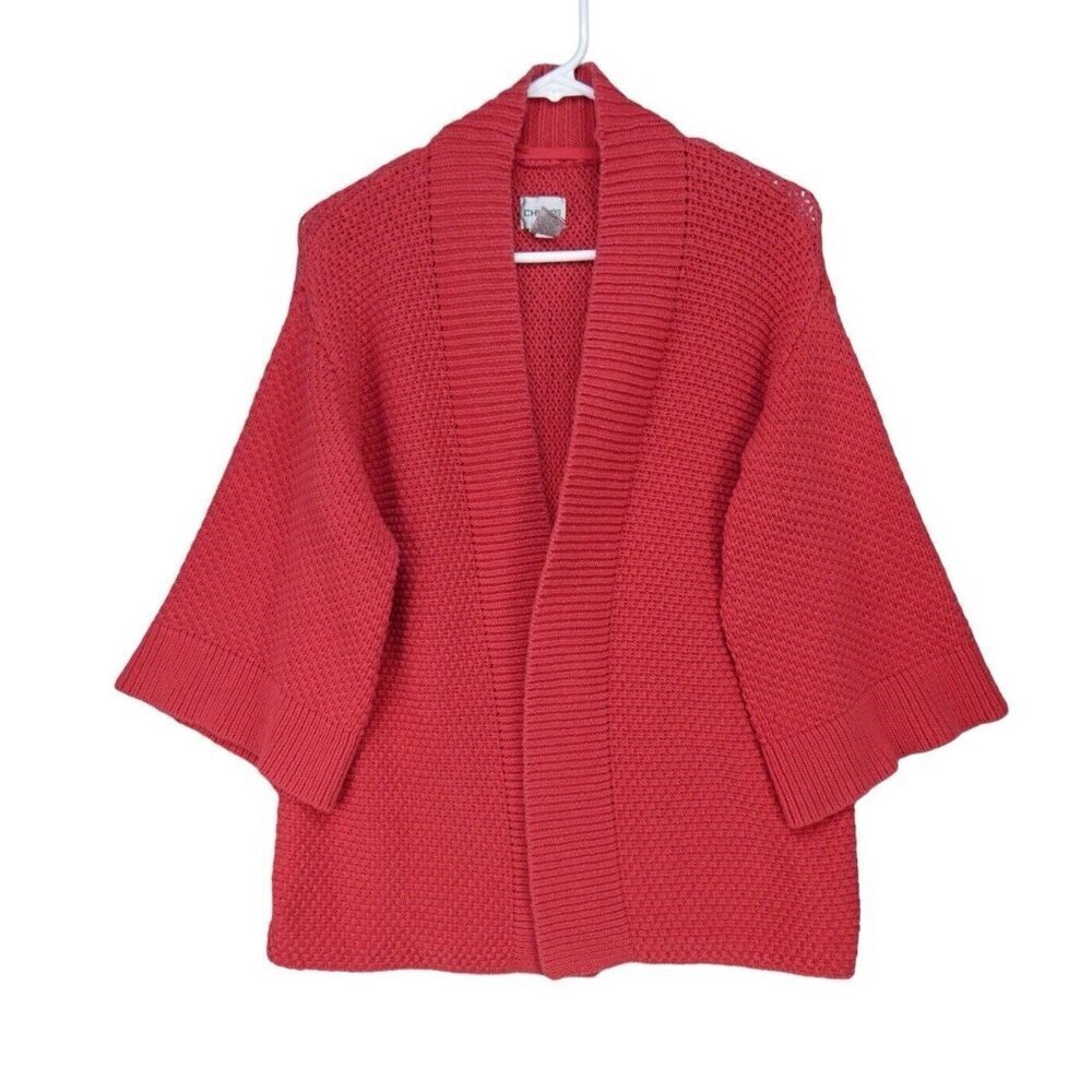 Chico's Open Knit Cardigan Sweater Pink Size 2 (L/12) 3/4 Bell Sleeve Chunky - Picture 2 of 10